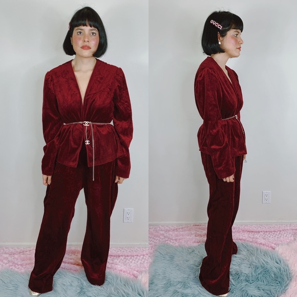 Vintage Pants - Vintage 70s Velvet Jacket Pant Set M L